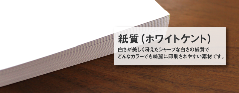 紙質（ホワイトケント紙）白さが美しく冴えたシャープな白さの紙質でどんなカラーでもきれいに印刷されやすい素材です。